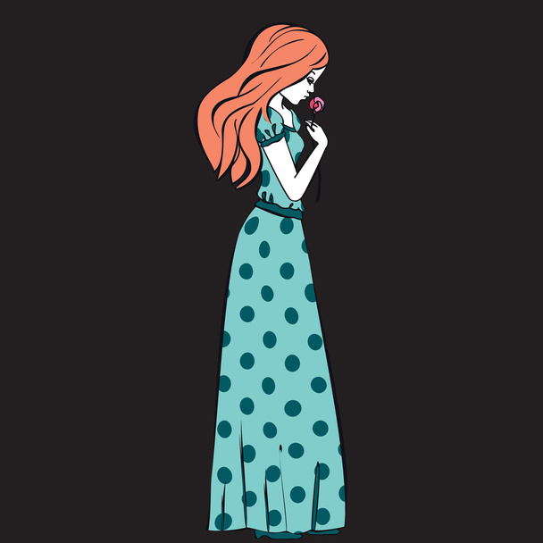 hand drawn illustration princess girl in polka dot dress vintage - Vector, Image