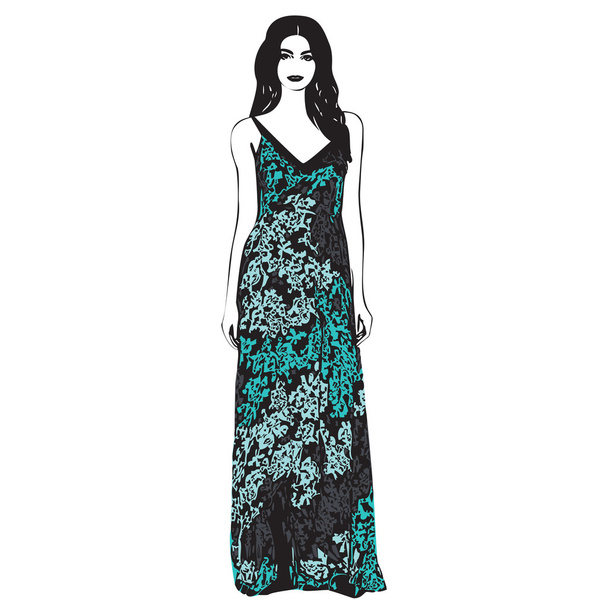Beautiful young women in a fashion long dress. Bright floral pri - Vector, Image