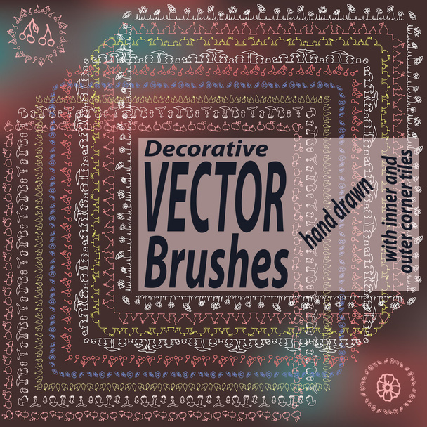 Set of 9 hand drawn decorative vector brushes with inner and outer corner tiles. Dividers, borders, ornaments. - Vector, Imagen