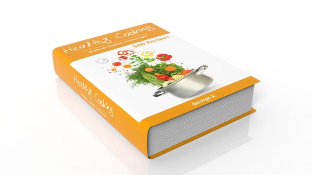 Kovakantinen kirja Terveellinen ruoanlaitto kuvituksella kannessa, eristetty valkoisella taustalla
. - Valokuva, kuva