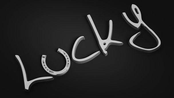 Счастливое слово, написанное серебром с подковой как U, изолированное на черном фоне
. - Фото, изображение