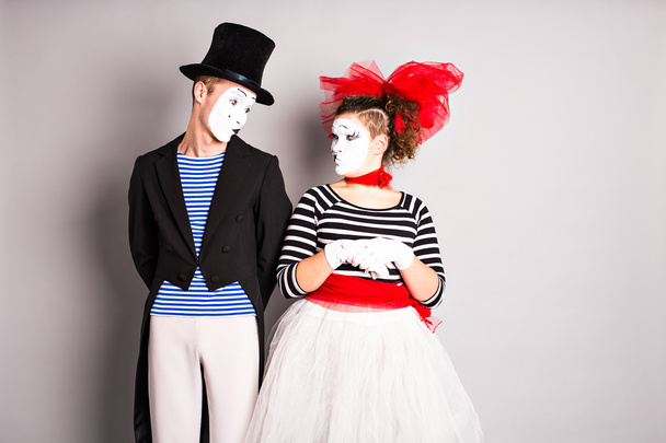 Street artists performing, Two mimes man and  woman in april fools day - Φωτογραφία, εικόνα