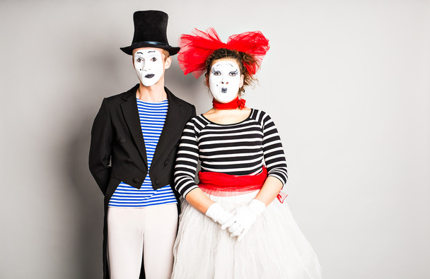 Street artists performing, Two mimes man and  woman in april fools day - Foto, Imagem