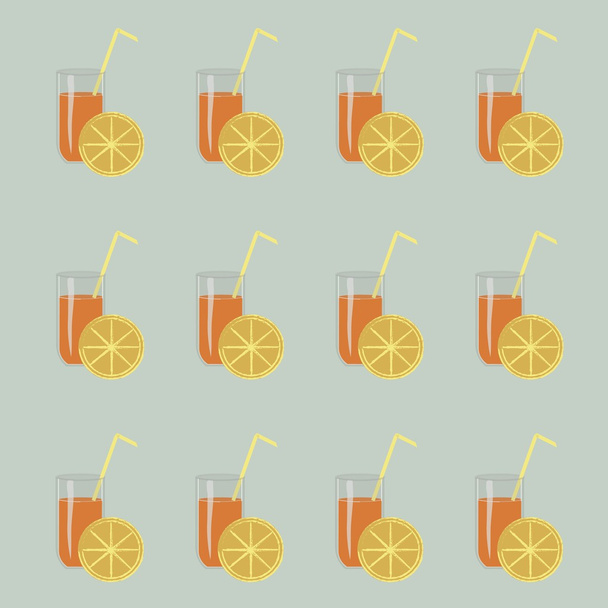 Glasses of orange juice, yellow straws, slices of lemons on light blue background. Texture - Vektor, obrázek