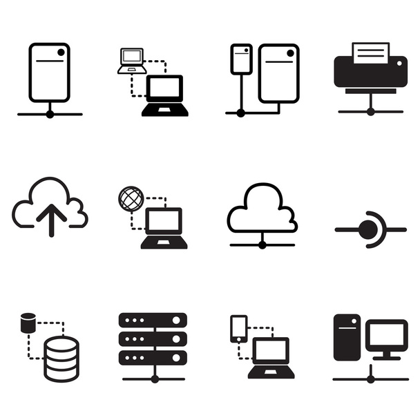 Compartilhamento de dados, hospedagem, servidor, ícones de rede na nuvem
 - Vetor, Imagem