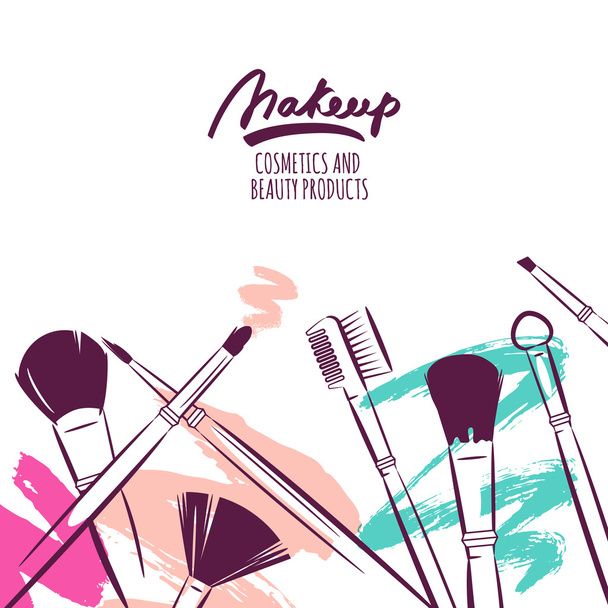 Watercolor hand drawn illustration of makeup brushes on colorful - Vettoriali, immagini