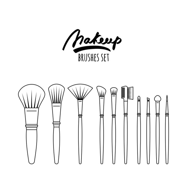 Makeup brushes kit, isolated on white background. Vector outline - Vettoriali, immagini