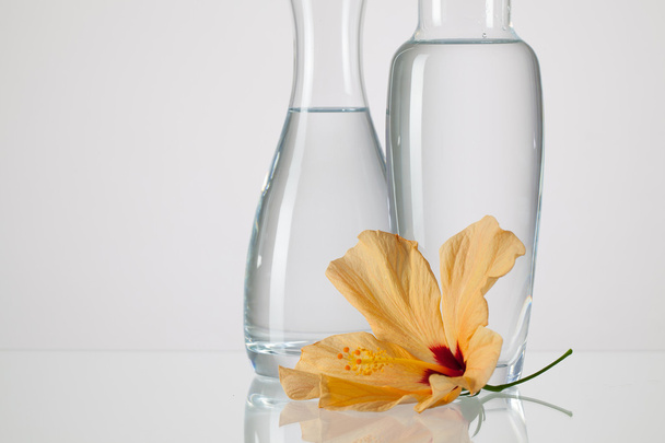 Two vases with clean water and hibiskus flower - Fotó, kép