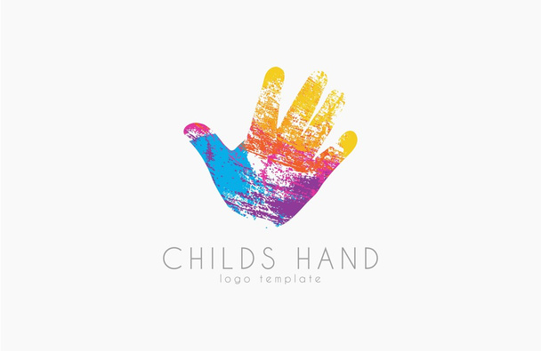 Hand logo design. Childs hand logo. Colorful logo. Rainbow logotype. Grunge style. Creative logo - Vector, Image