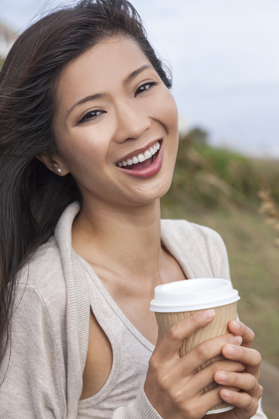 Beautiful Chinese Asian Woman Girl Drinking Coffee - Photo, Image