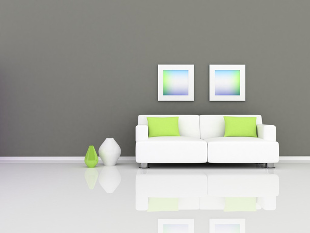 Interior de la habitación moderna, pared gris y sofá blanco
 - Foto, imagen
