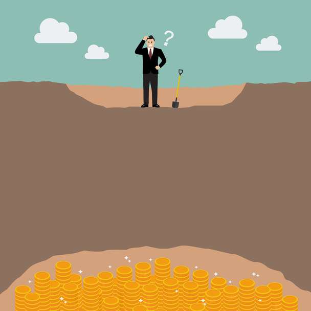 Confused businessman can not find the treasure - Vector, Image