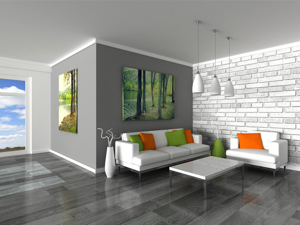 Sisustus moderni huone, harmaa seinä ja valkoinen sohvat
 - Valokuva, kuva