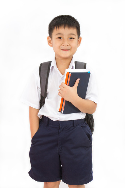 Asian Little School Boy Holding Books with Backpack - Φωτογραφία, εικόνα