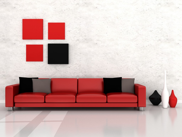 モダンな客室、赤いソファのインテリア - 写真・画像