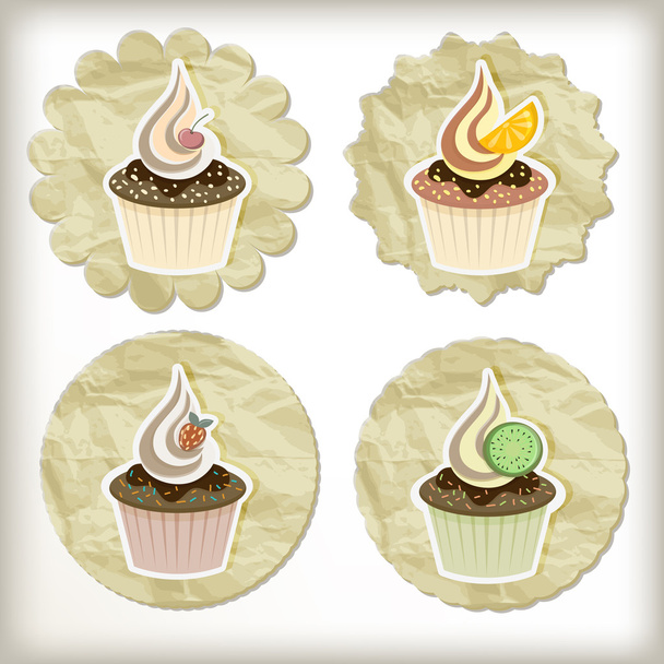 vector set of cupcakes on golden napkins - Vetor, Imagem