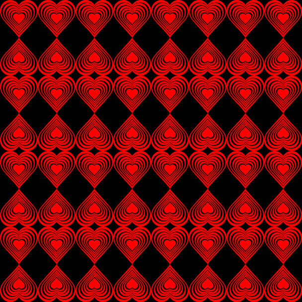 Seamless geometric pattern with stylized hearts. Repeating vintage texture. Abstract red and black background. Bright retro backdrop. Vector illustration. - Vetor, Imagem