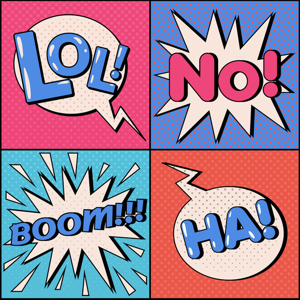 Set of Comics Bubbles in Pop Art Style. Expressions Lol, No, Ha, Boom - Vector, Image