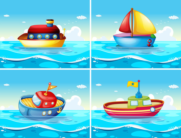 Cuatro tipos diferentes de barcos flotando en el mar
 - Vector, Imagen