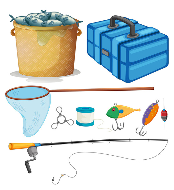 Fishing set with fishing pole and tools - Vector, Image