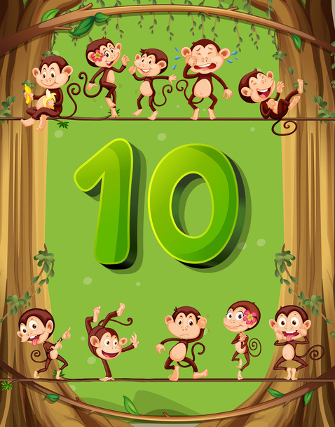 Číslo deset s 10 opice na stromě - Vektor, obrázek