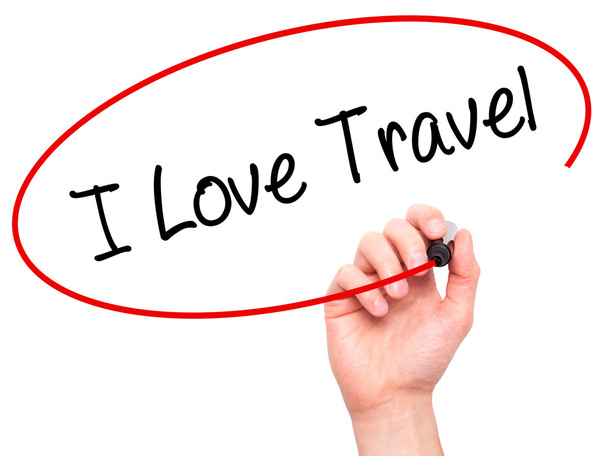 Člověk ruku psaní I Love cestování s černou značkou na vizuální suti - Fotografie, Obrázek