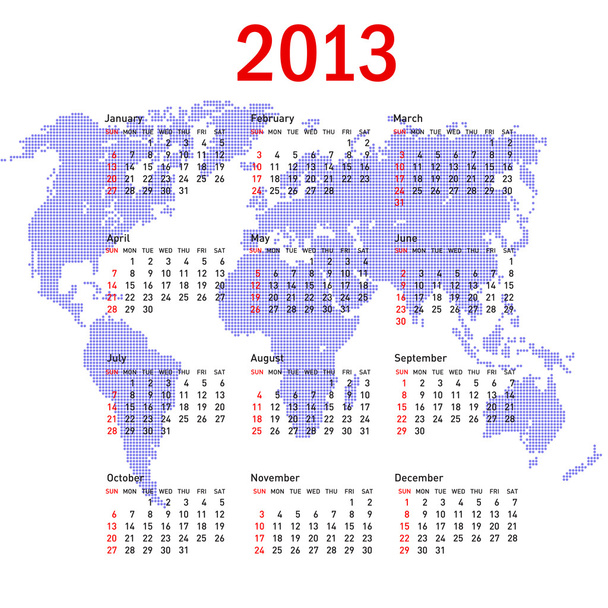 ημερολόγιο 2013 με παγκόσμιο χάρτη. Κυριακές πρώτη - Φωτογραφία, εικόνα