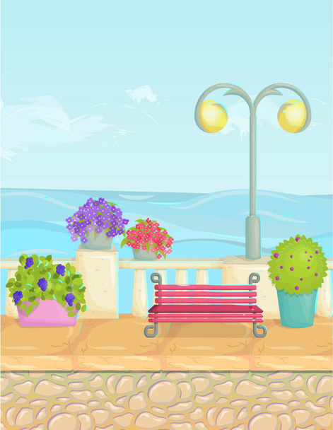 Napos rajzfilm tengerparti táj, vektor tengerparti háttér. Kerítés, növények, virágok, padok, Térburkoló kő. - Vektor, kép