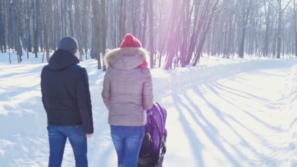 Gelukkige jonge familie wandelen in het park in de winter - Video