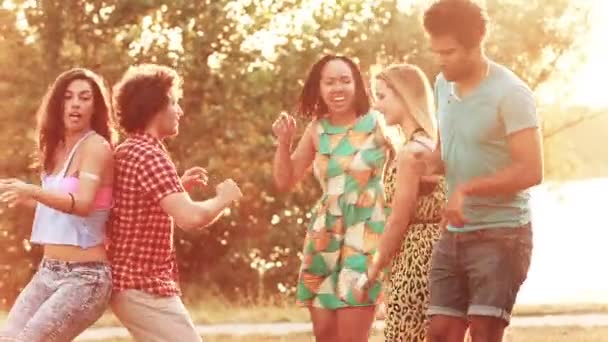Fünf Freunde tanzen bei Sonnenuntergang - Filmmaterial, Video