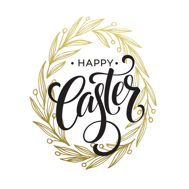 Hand drawn easter greeting card. Golden branch and leaves wreath. Happy easter hand lettering. Vector illustration - Vector, Image
