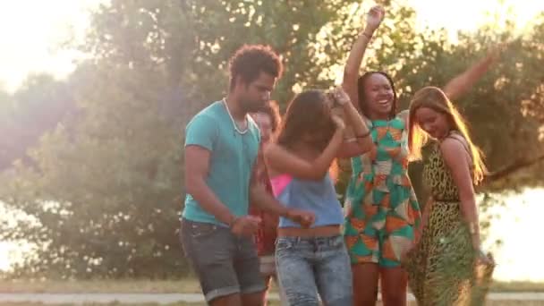 Πέντε φίλοι χορό στο ηλιοβασίλεμα - Πλάνα, βίντεο