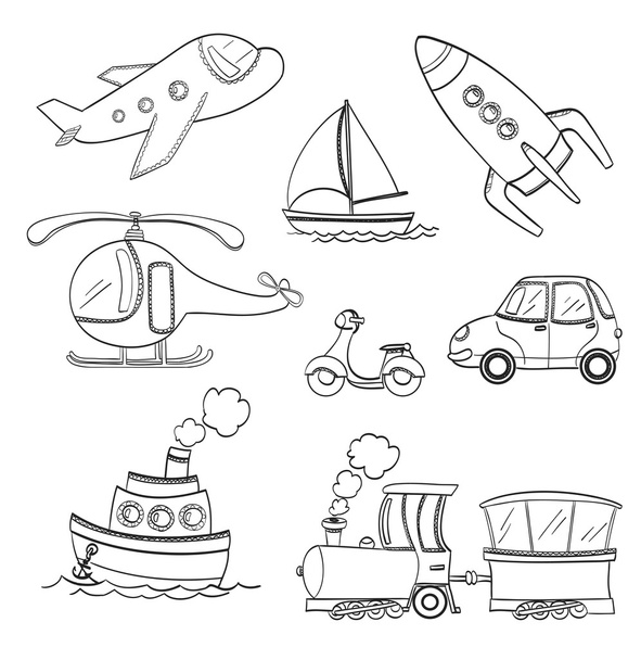 set of doodle transport. black and white line art  vector - Vektor, obrázek