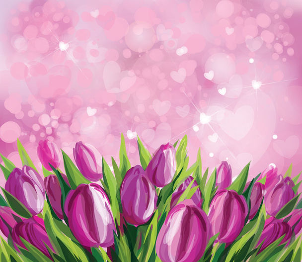 fioletowe tulipany i serca - Wektor, obraz