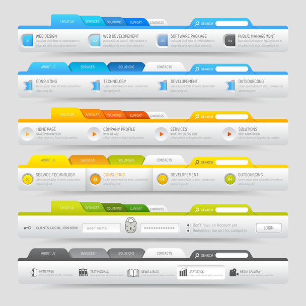 Elementos de plantilla de diseño web con conjunto de iconos: Barras de menú de navegación
 - Vector, imagen