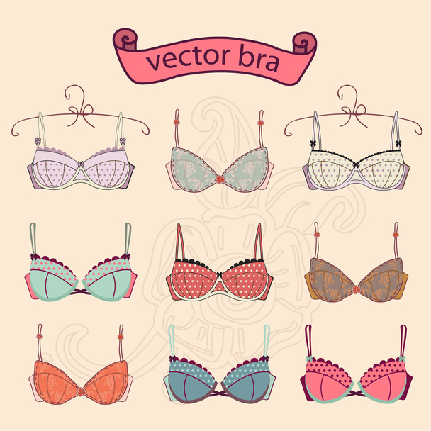 Set of  sexy vintage different female fashion bra icons.  - Vector, imagen