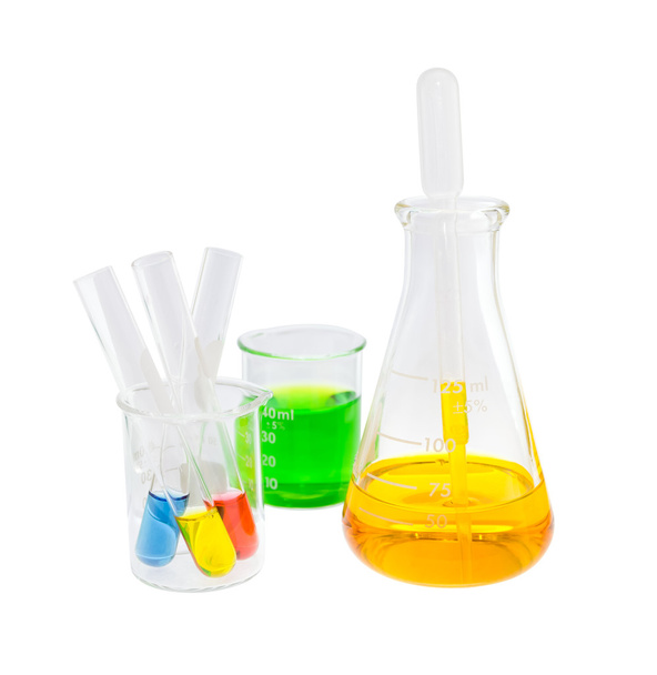 Solução amarela em frasco e solução de tubo de ensaio
 - Foto, Imagem