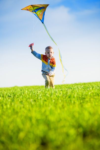 Young boy playing with his kite in a green field. - Foto, Bild