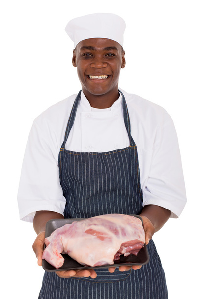 butcher holding raw meat - Zdjęcie, obraz