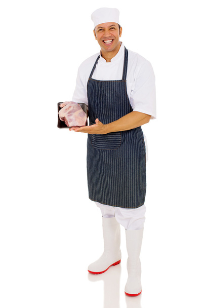 butcher showing fresh meat - Zdjęcie, obraz