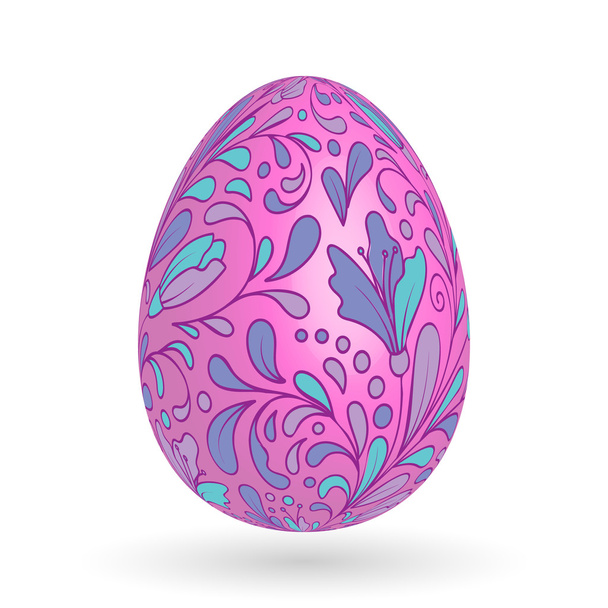 Colorful easter egg with ornate doodle floral decoration. Colorful floral pattern on lilac egg. - Vector, Imagen