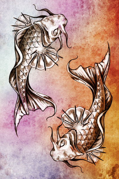 Sketch of tattoo art, japanese goldfish over colorful paper - Foto, imagen