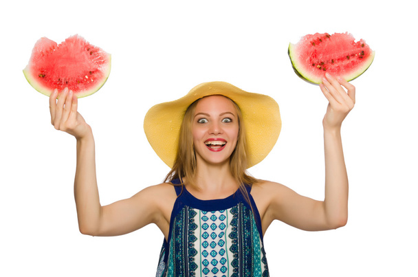 Frau isst Wassermelone isoliert auf weiß - Foto, Bild