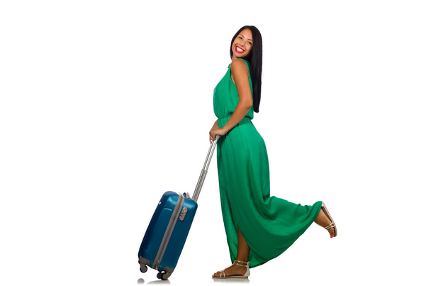kobieta z walizką na białym tle - Zdjęcie, obraz