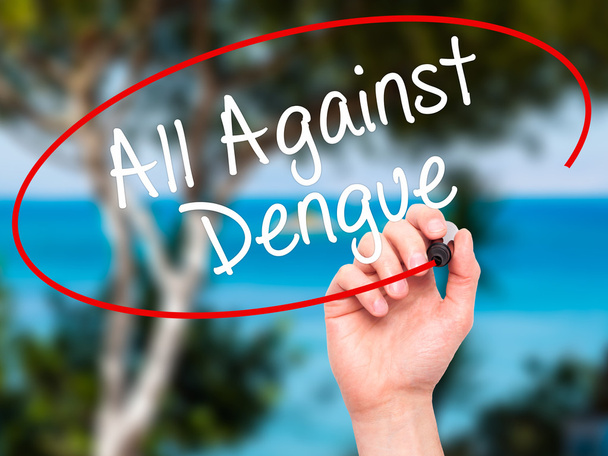 Man Hand escreve All Against Dengue com marcador preto no visual
  - Foto, Imagem