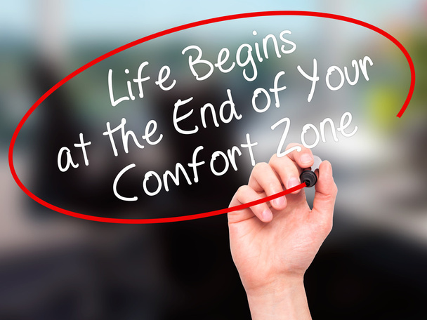 Man Hand writing Life Begins at the End of Your Comfort Zone wit - Fotoğraf, Görsel