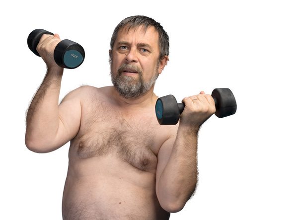 idős, kövér ember gyakorolja: a súlyzó - Fotó, kép