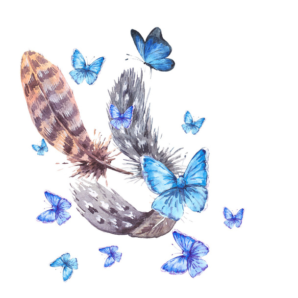 Watercolor greeting card with feathers and blue butterflies - Foto, imagen