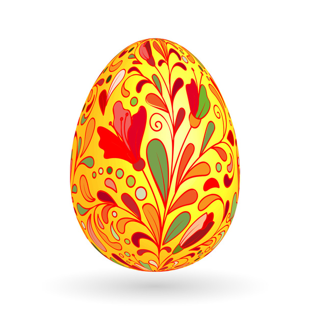 Colorful easter egg with ornate doodle floral decoration. Colorful floral pattern on yellow egg. - Vector, imagen