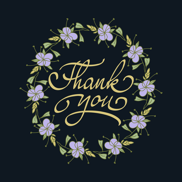 Card template with hand drawn flower border and hand written Thank You text. Vector illustration.  - Vecteur, image
